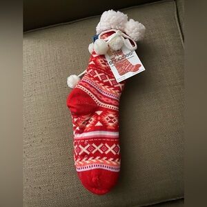 Snoozes Red and White Sherpa Lined Cozy Socks with Pom Poms and non slip feet.